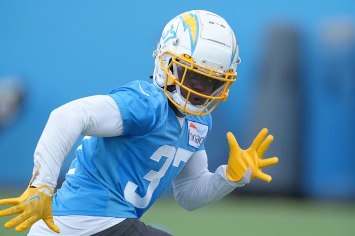 Jun 14, 2022; Costa Mesa, California, USA; Los Angeles Chargers cornerback Kemon Hall (37) during minicamp at the Hoag Performance Center. Mandatory Credit: Kirby Lee-USA TODAY Sports